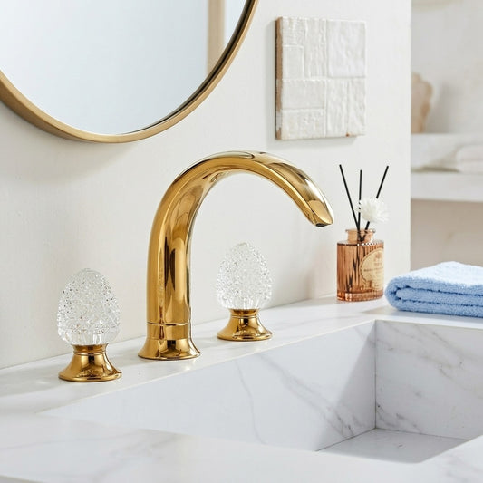 Lagomel widespread bathroom faucet in polished gold, set in a Modern/Contemporary bathroom
