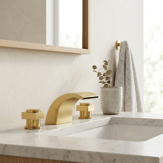 Lagomel waterfall double-handle widespread bathroom faucet in polished gold, set in a Modern/Contemporary bathroom