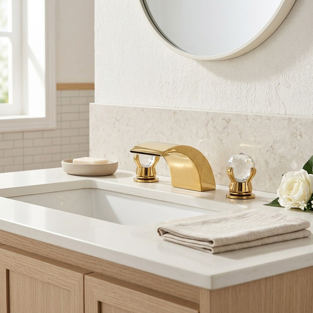 Lagomel waterfall double-handle widespread bathroom faucet, set in a Modern/Contemporary bathroom