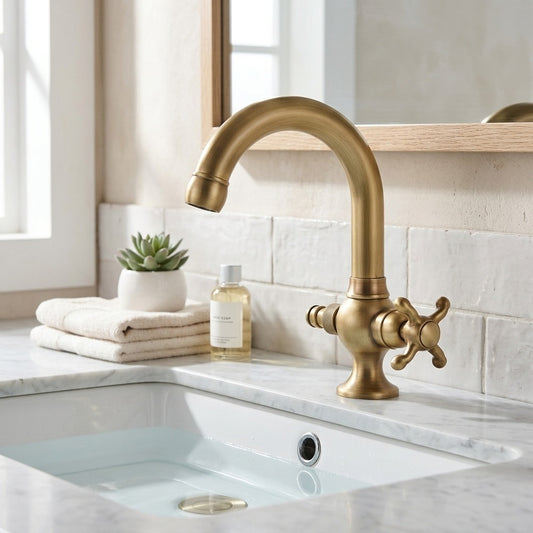 Lagomel single-hole bathroom faucet in antique brass, chrome, two-tone / mixed finish, set in a Vintage/Retro bathroom