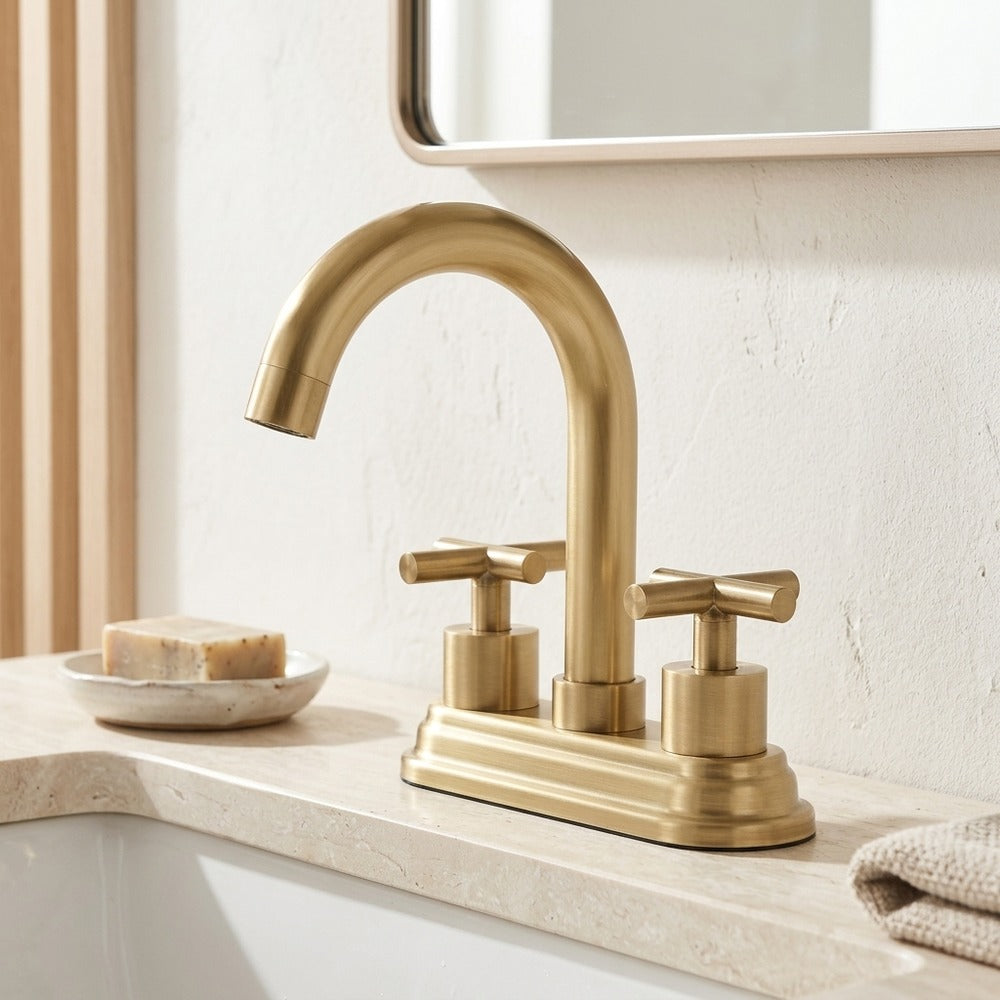 Lagomel centerset bathroom faucet in brushed gold, brushed bronze, set in a Modern/Traditional/Classic bathroom