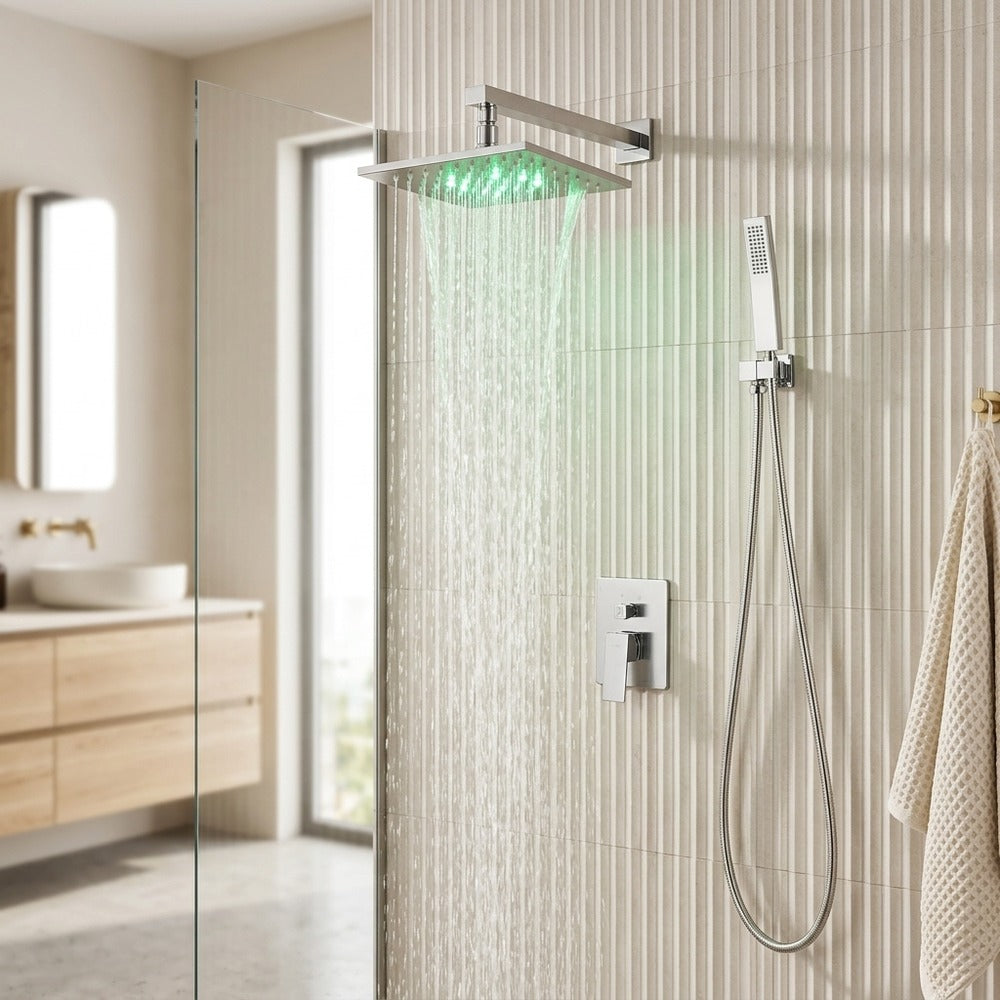 Lagomel wall-mounted single-handle complete shower system, set in a Contemporary bathroom