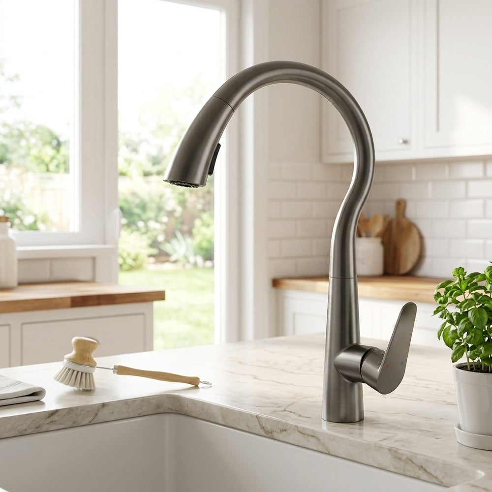 Lagomel single-handle pull-down kitchen faucet in gunmetal, matte black, matte white, brushed nickel, set in a Modern/Contemporary kitchen