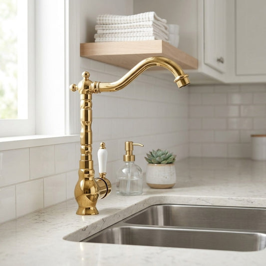 Lagomel single-handle kitchen faucet in polished gold, antique brass, chrome, set in a Traditional/Classic/Vintage/Retro kitchen