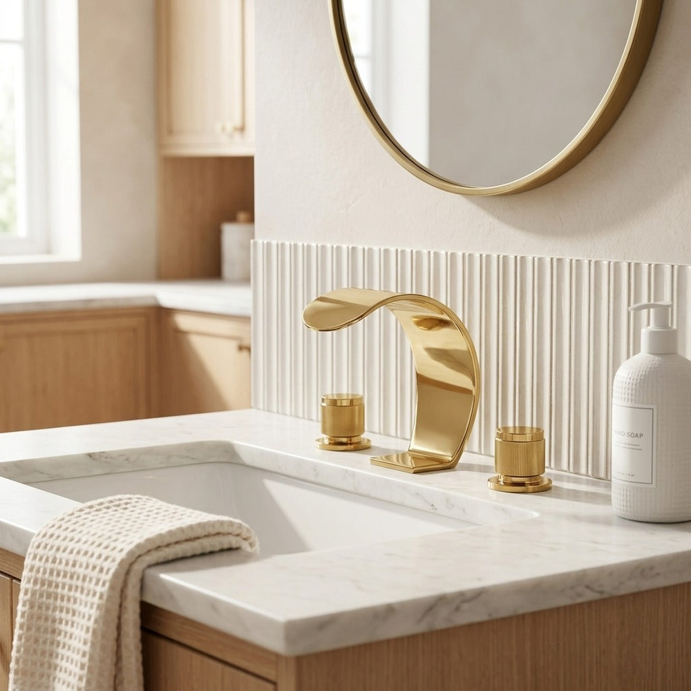 Lagomel waterfall widespread bathroom faucet in brushed gold, matte black, chrome, gunmetal, matte white, set in a Modern/Contemporary bathroom