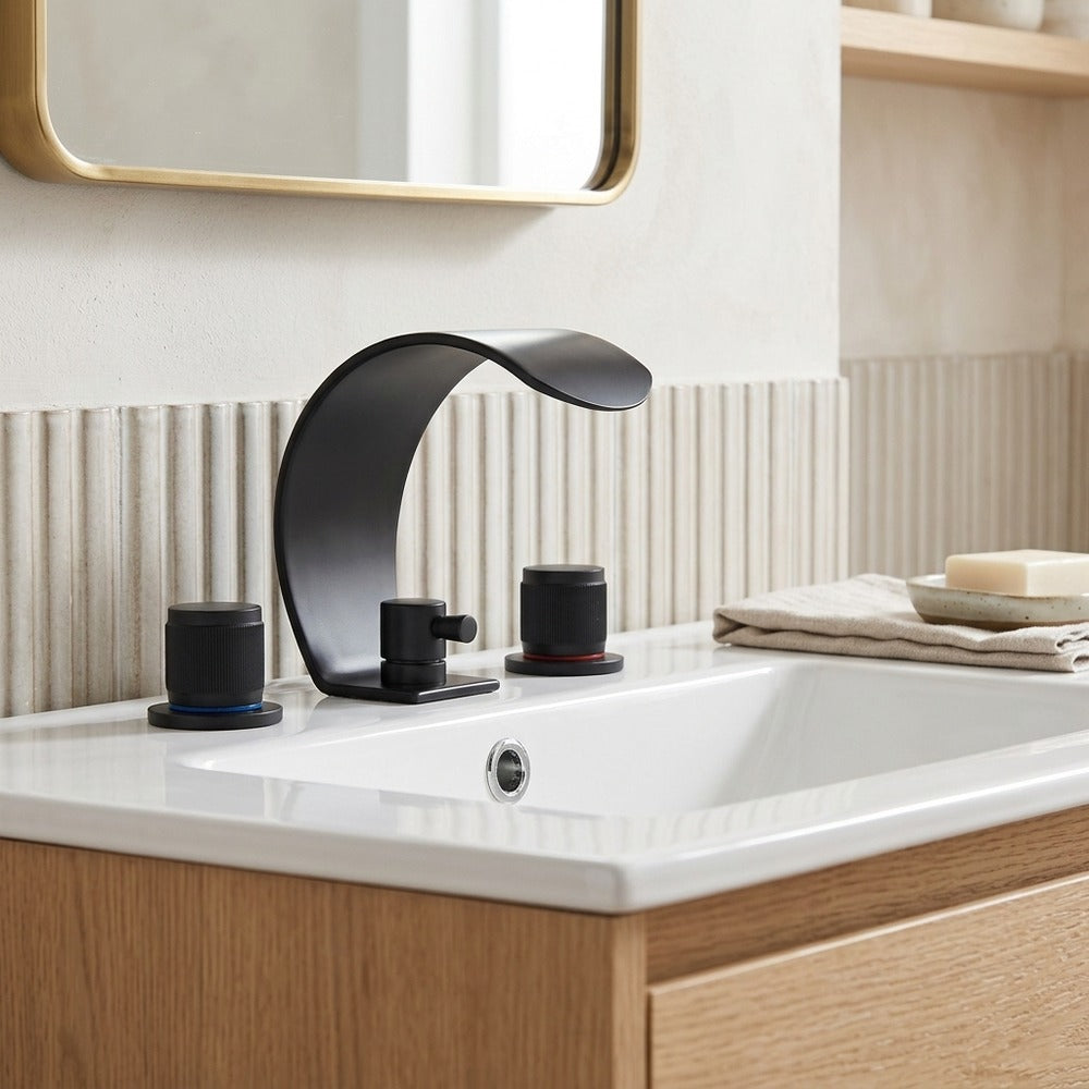 Lagomel waterfall widespread bathroom faucet, set in a Modern/Contemporary bathroom
