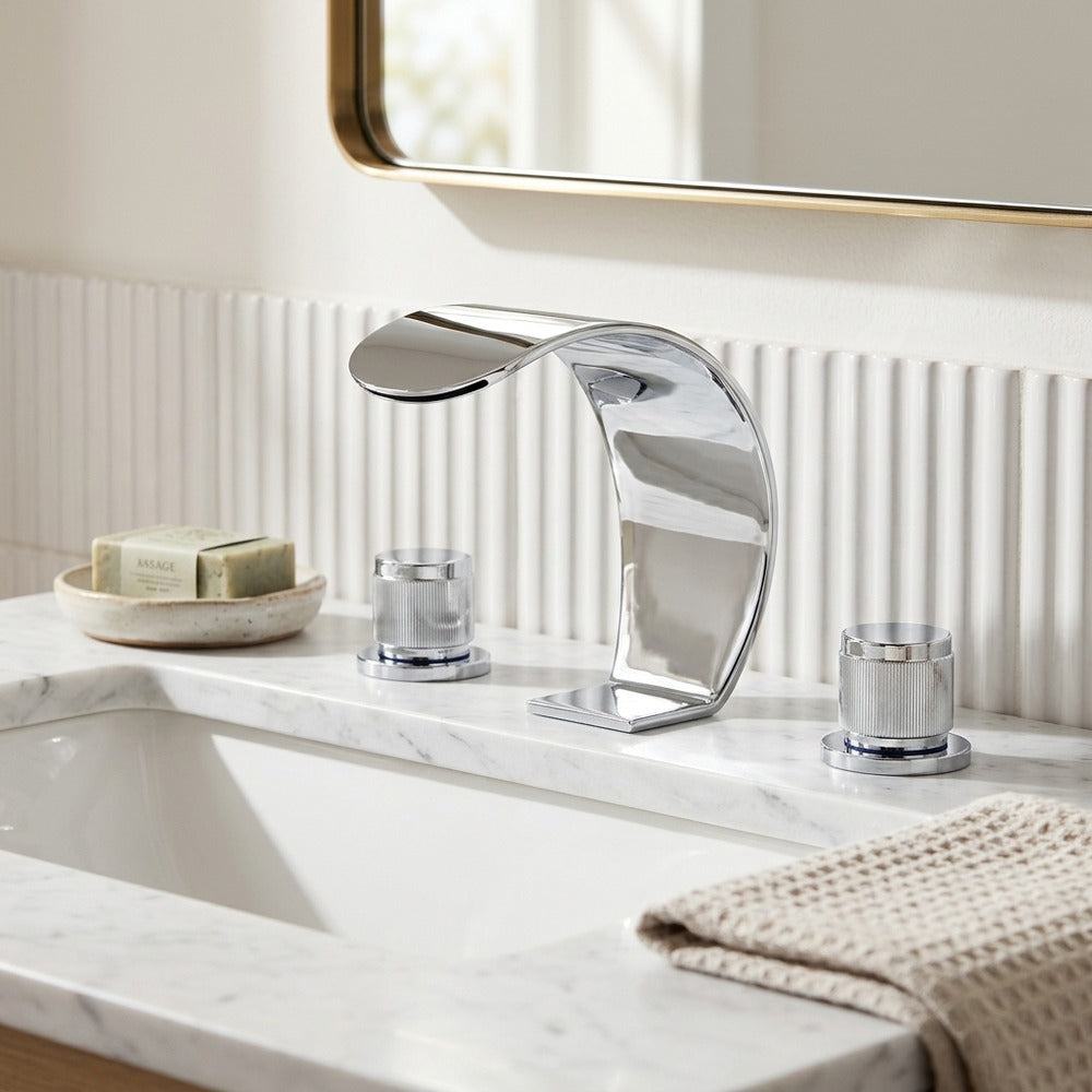 Lagomel waterfall widespread bathroom faucet, set in a Modern/Contemporary bathroom