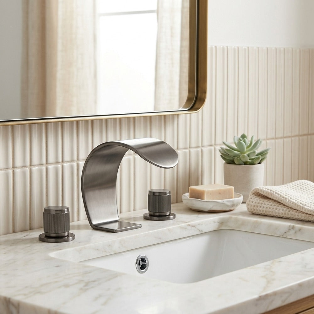 Lagomel waterfall widespread bathroom faucet, set in a Modern/Contemporary bathroom