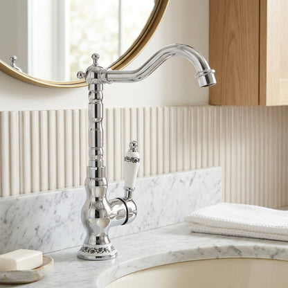 Lagomel single-hole single-handle vessel sink faucet in antique brass, chrome, matte black, set in a Traditional/Classic/Vintage/Retro bathroom