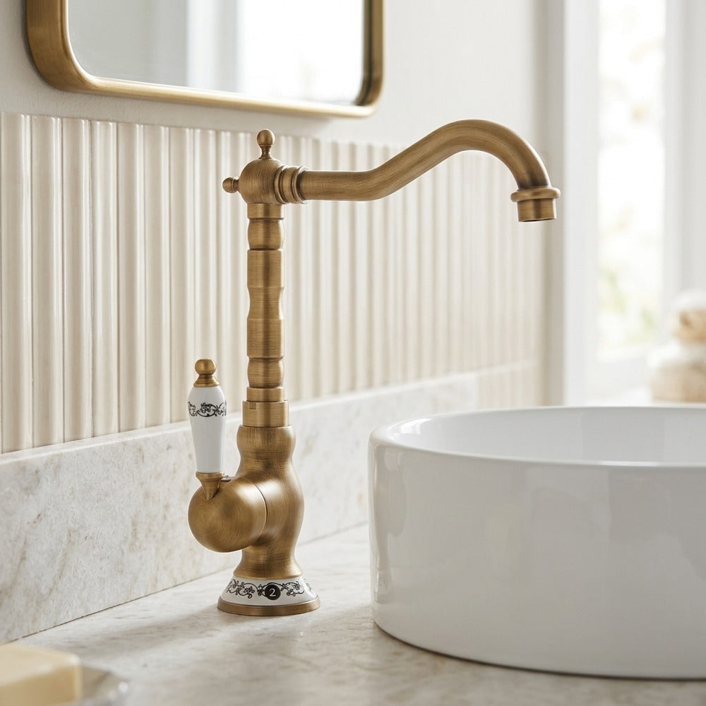 Lagomel single-hole single-handle vessel sink faucet, set in a Modern/Minimalist/Contemporary bathroom