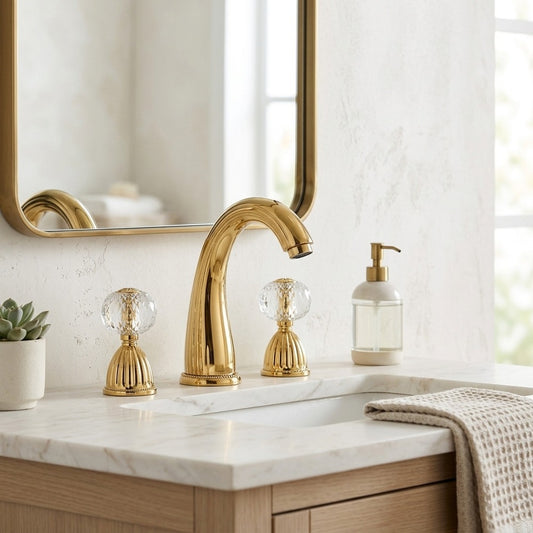 Lagomel widespread bathroom faucet in polished gold, set in a Modern/Contemporary bathroom