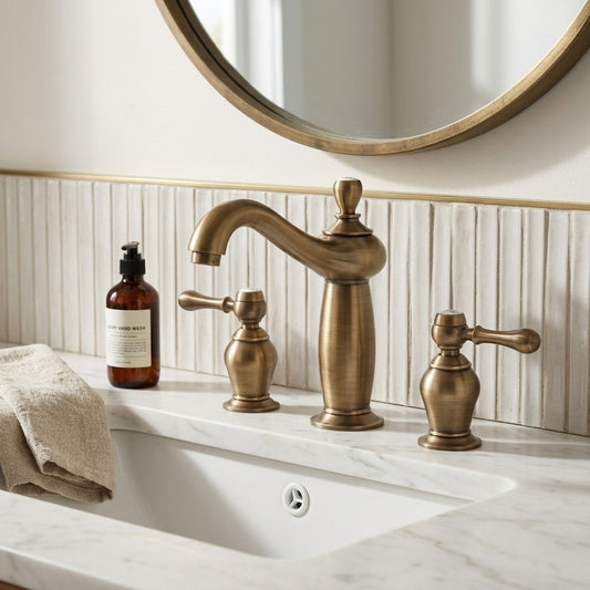 Lagomel widespread bathroom faucet in antique brass, brushed nickel, polished gold, rose gold, set in a Traditional/Classic/Vintage/Retro bathroom