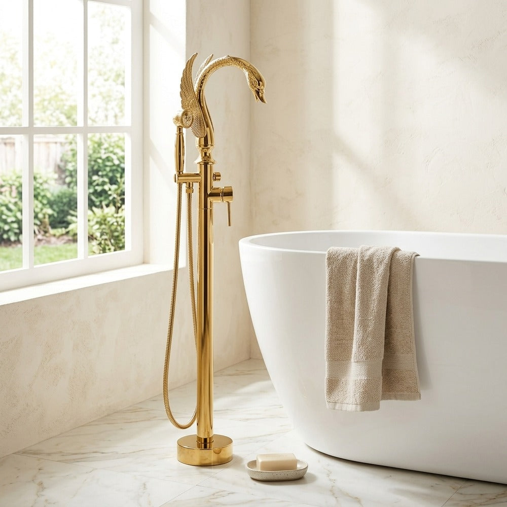 Lagomel single-handle freestanding tub filler in polished gold, matte black, set in a Traditional/Classic/Vintage/Retro bathroom