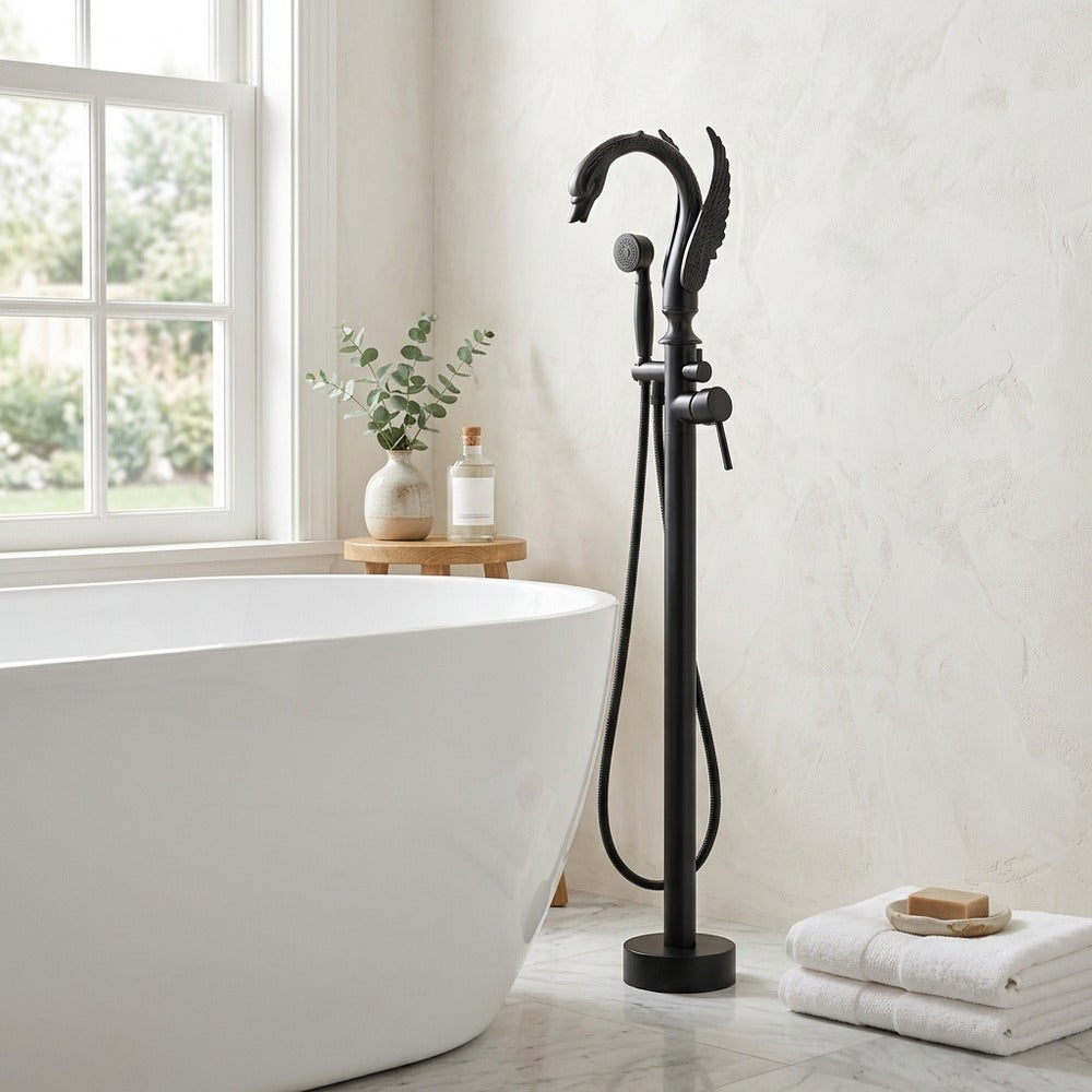 Lagomel single-handle freestanding tub filler, set in a Modern/Contemporary bathroom