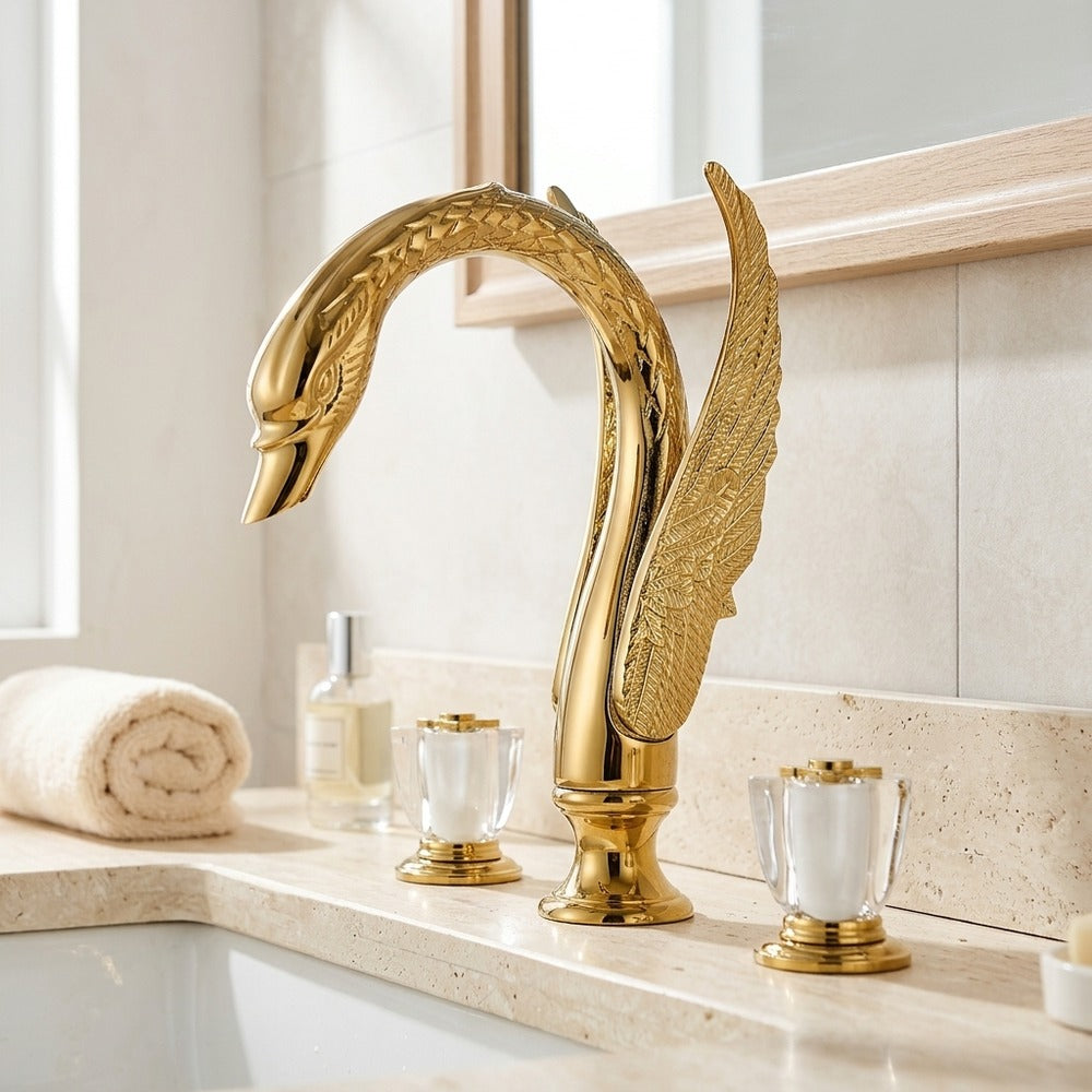 Lagomel widespread bathroom faucet in polished gold, set in a Modern/Contemporary bathroom