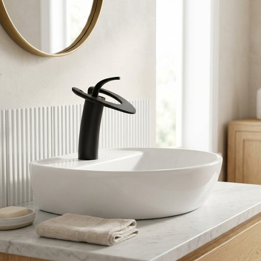 Lagomel single-hole waterfall vessel sink faucet in matte black, chrome, brushed nickel, brushed gold, gunmetal, matte, set in a Modern/Contemporary bathroom
