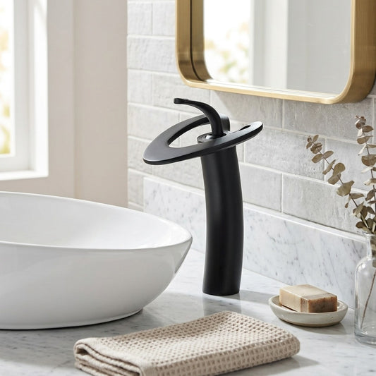 Lagomel waterfall single-hole bathroom faucet in matte black, matte white, brushed nickel, gunmetal, chrome, electroplated, two-tone, set in a Modern/Contemporary bathroom