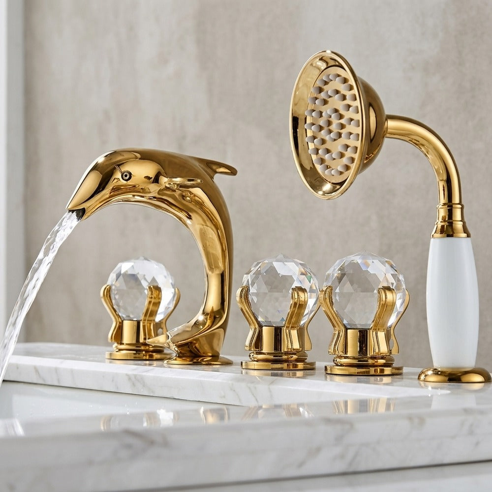 Lagomel deck-mount tub filler in polished gold, set in a Vintage/Retro bathroom