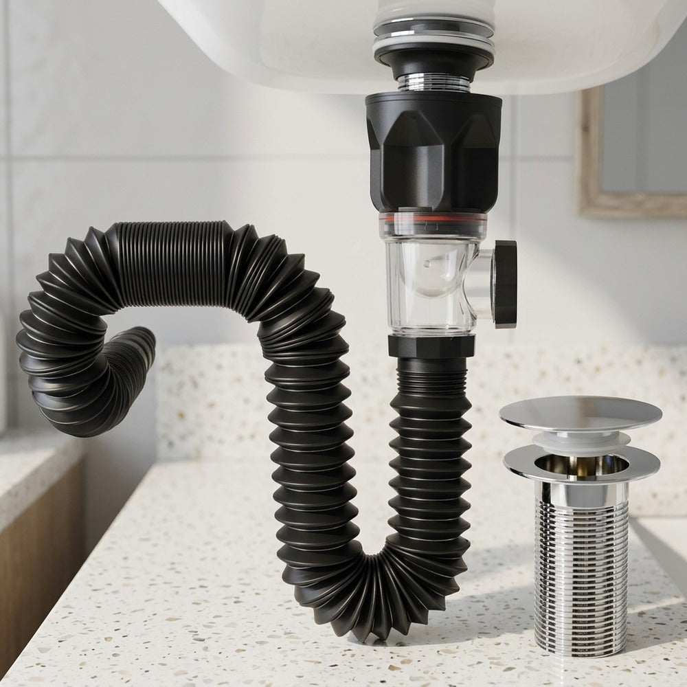 Lagomel bathroom sink drain in chrome, set in a Contemporary bathroom