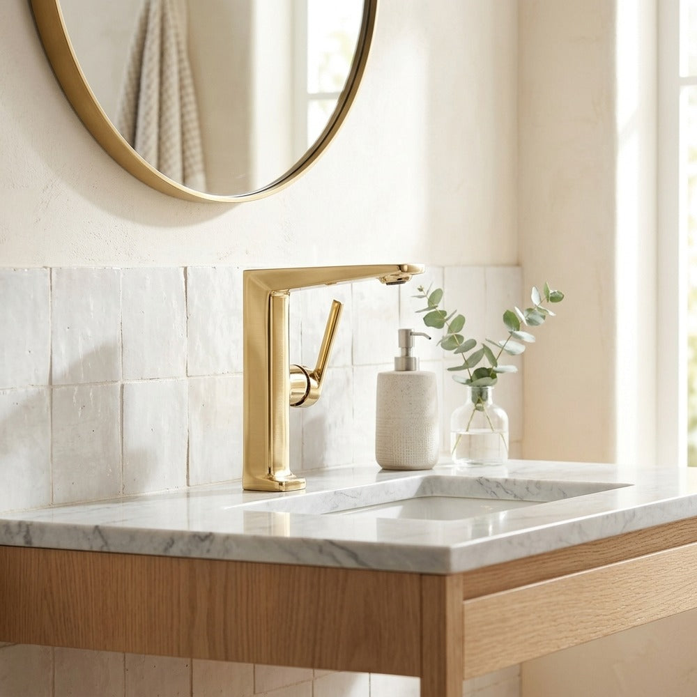 Lagomel single-hole bathroom faucet in polished gold, chrome, matte black, brushed gold, rose gold, matte white,, set in a Modern/Contemporary bathroom