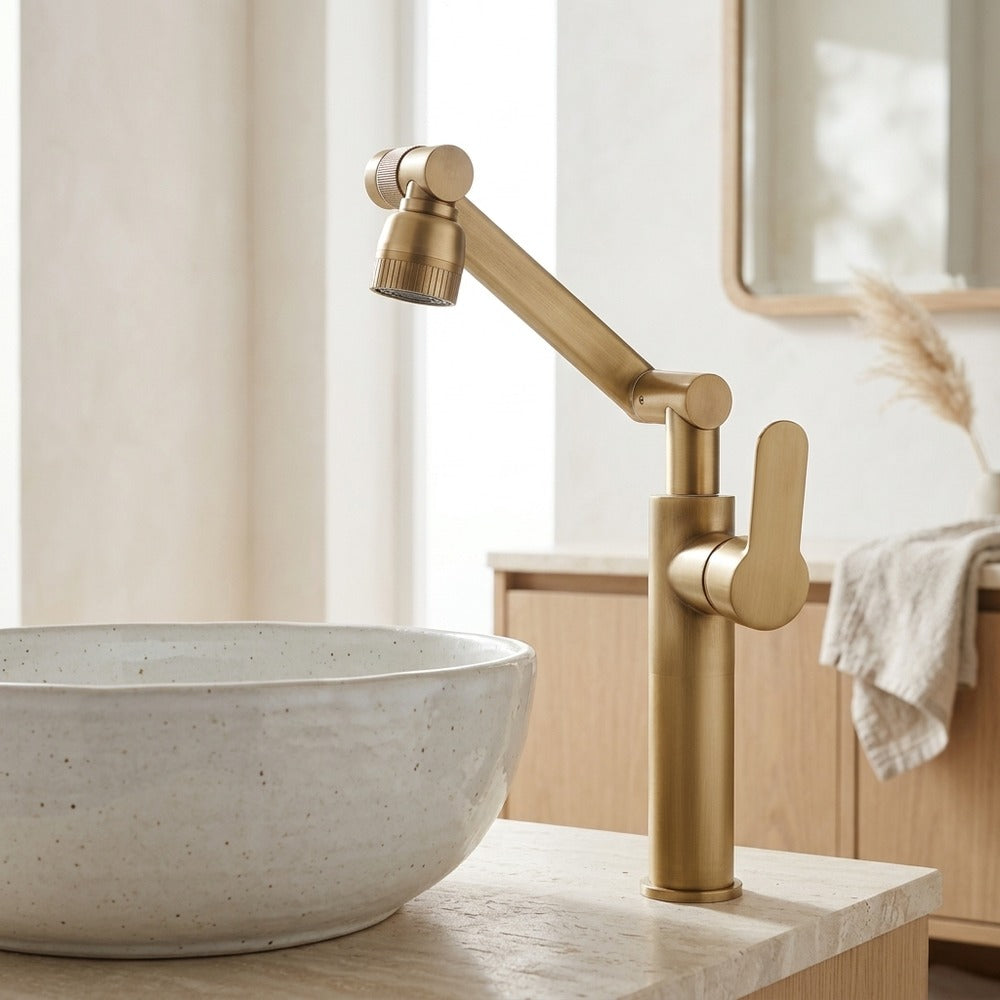Lagomel single-hole bathroom faucet in antique brass, brushed gold, chrome, gunmetal, matte black, set in a Modern/Contemporary bathroom