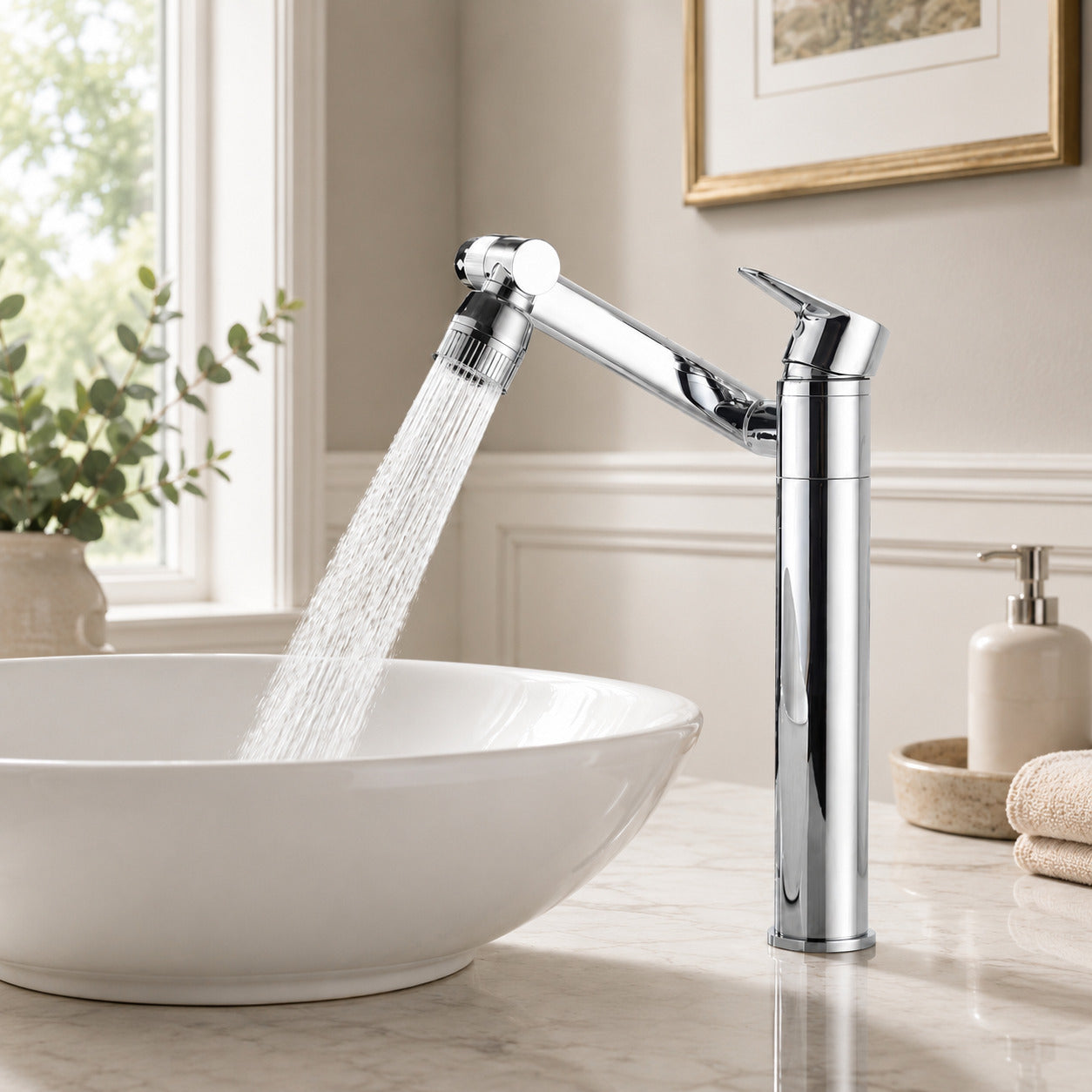 Single-Handle Swivel Arm Bathroom Faucet, Single-Hole Basin Faucet with Dual Spray Nozzle, Antique Brass / Brushed Gold / Chrome / Gunmetal / Matte Black