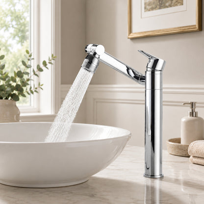 Single-Handle Swivel Arm Bathroom Faucet, Single-Hole Basin Faucet with Dual Spray Nozzle, Antique Brass / Brushed Gold / Chrome / Gunmetal / Matte Black