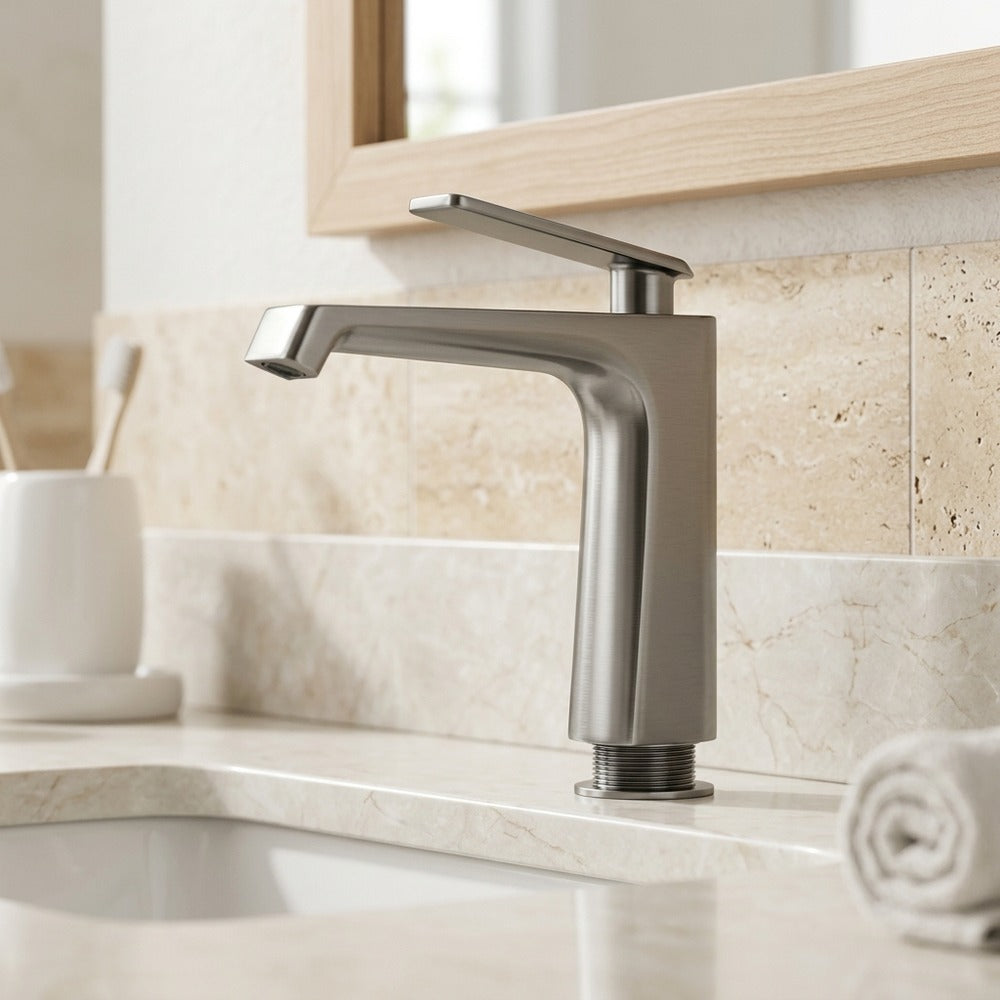 Lagomel single-hole bathroom faucet in gunmetal, set in a Modern/Contemporary bathroom