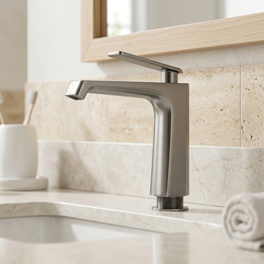 Lagomel single-hole bathroom faucet in gunmetal, set in a Modern/Contemporary bathroom