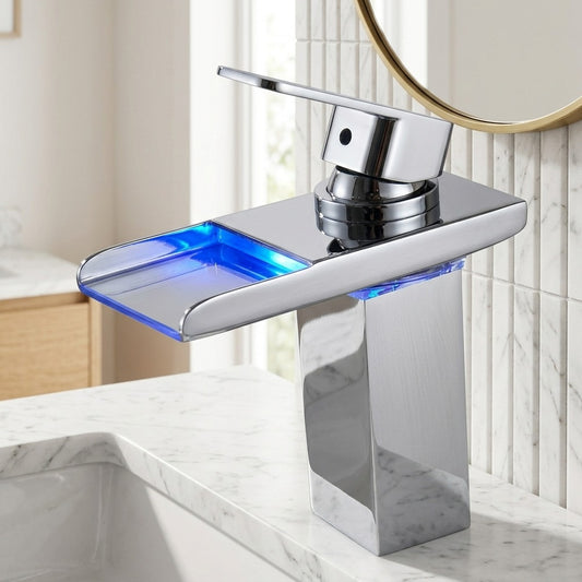 Lagomel waterfall single-hole bathroom faucet in chrome, matte black, rose gold, polished gold, brushed nickel, brushed, set in a Contemporary/Modern bathroom