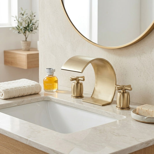 Lagomel waterfall widespread bathroom faucet in antique brass, brushed gold, brushed nickel, chrome, gunmetal, matte black,, set in a Modern/Contemporary bathroom