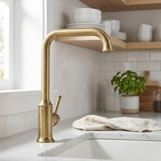 Lagomel single-handle kitchen faucet in antique brass, oil-rubbed bronze, chrome, brushed nickel, set in a Traditional/Classic/Vintage/Retro kitchen