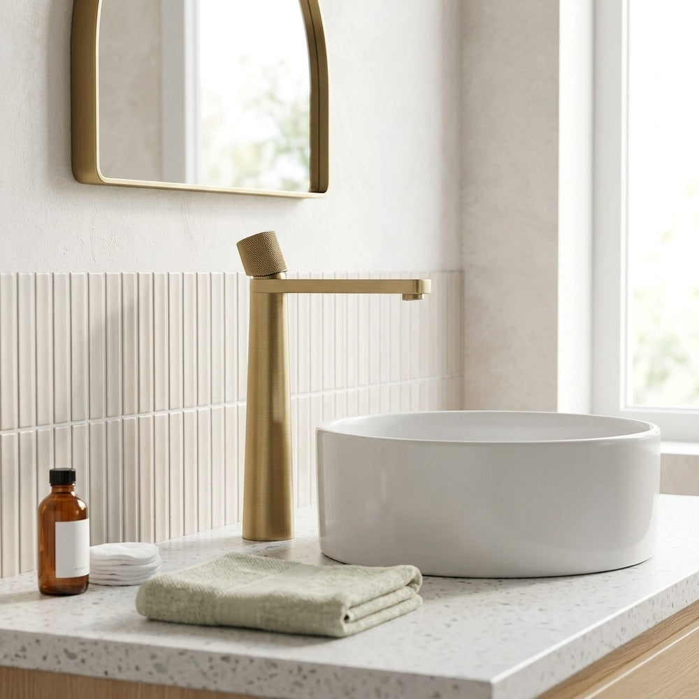 Lagomel single-hole waterfall vessel sink faucet in brushed gold, set in a Traditional/Classic/Vintage/Retro bathroom