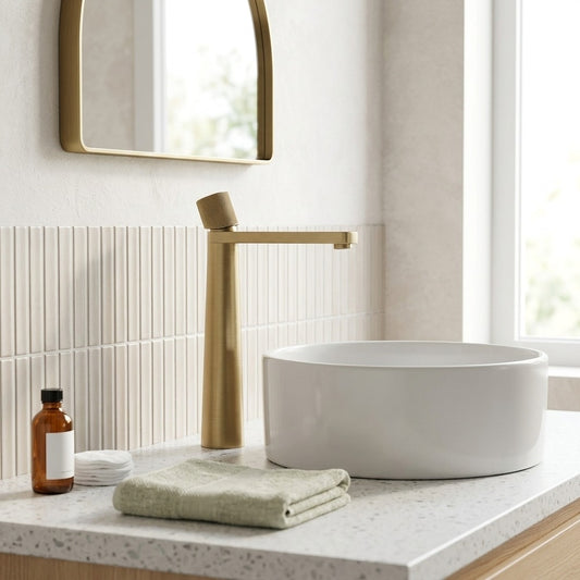 Lagomel single-hole waterfall vessel sink faucet in brushed gold, set in a Traditional/Classic/Vintage/Retro bathroom