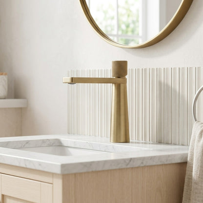 Lagomel single-hole waterfall vessel sink faucet, set in a Modern/Contemporary bathroom