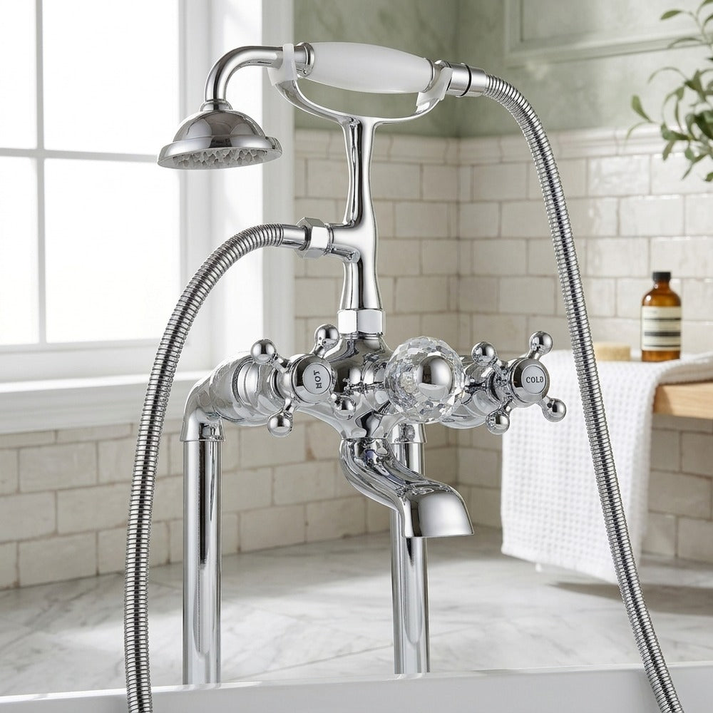 Lagomel deck-mount tub filler in chrome, polished gold, set in a Traditional/Classic bathroom