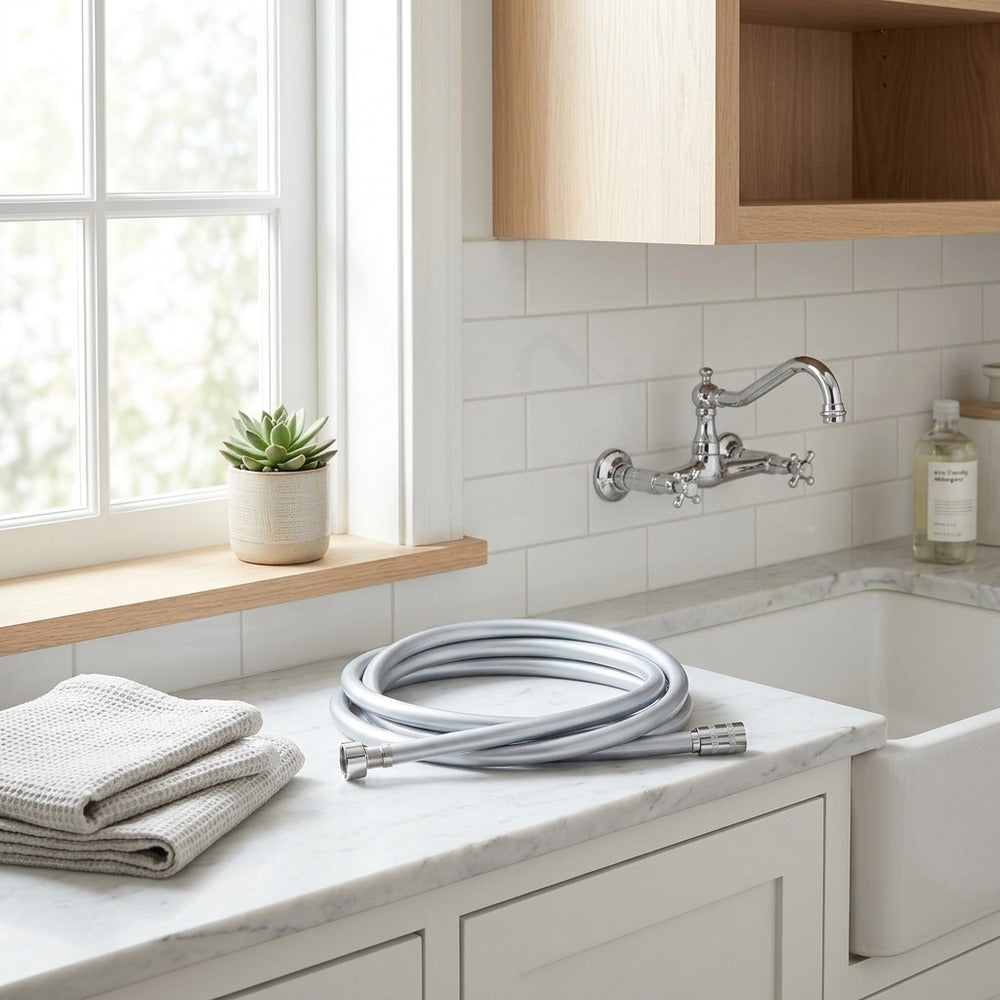 Lagomel shower hose, set in a Contemporary bathroom
