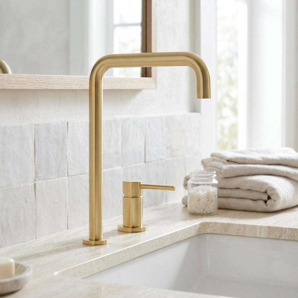 Lagomel single-handle widespread bathroom faucet in brushed gold, matte black, chrome, set in a Contemporary/Modern bathroom