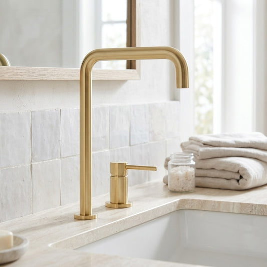 Lagomel single-handle widespread bathroom faucet in brushed gold, matte black, chrome, set in a Contemporary/Modern bathroom
