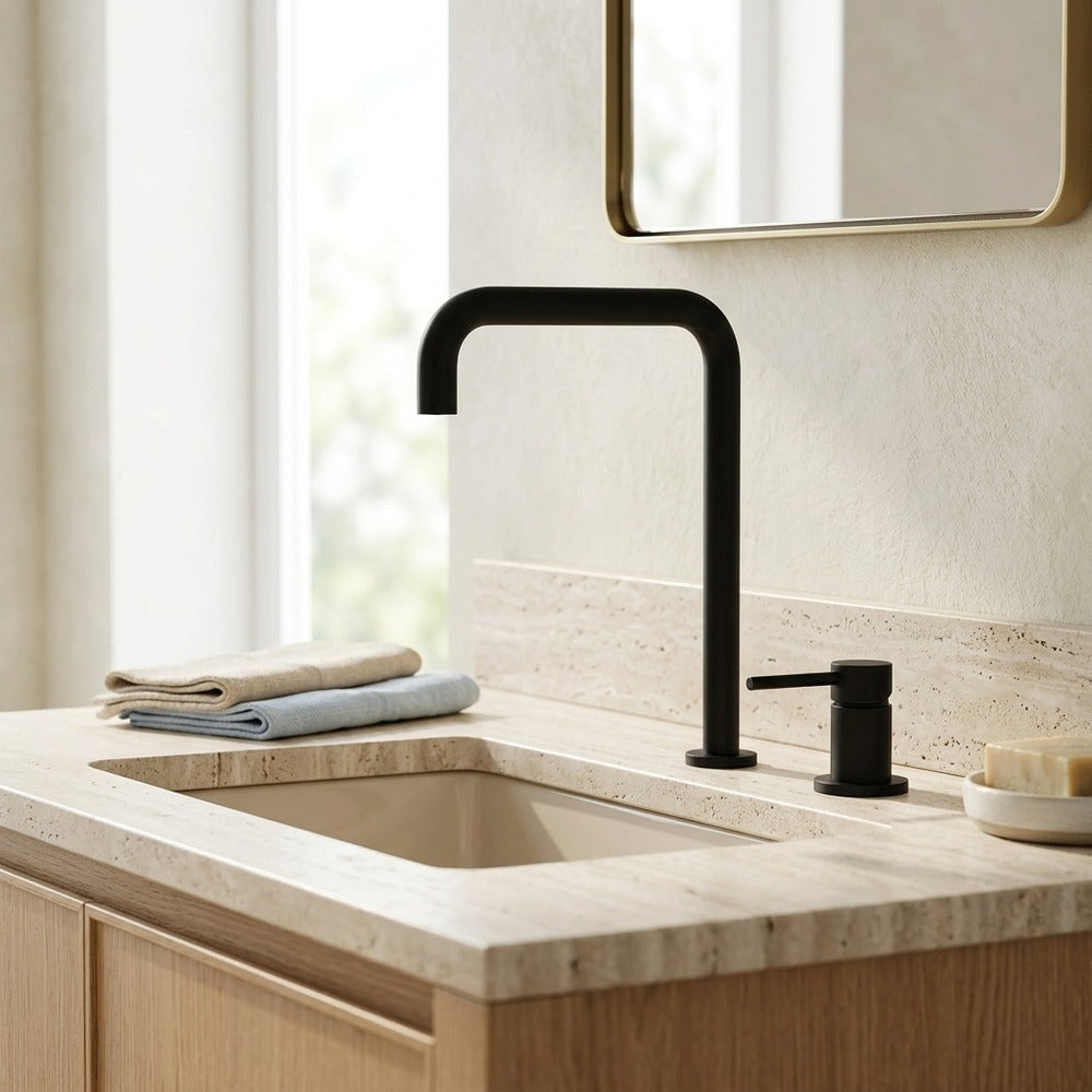Lagomel single-handle widespread bathroom faucet, set in a Contemporary/Modern bathroom