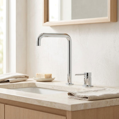Lagomel single-handle widespread bathroom faucet, set in a Contemporary/Modern bathroom