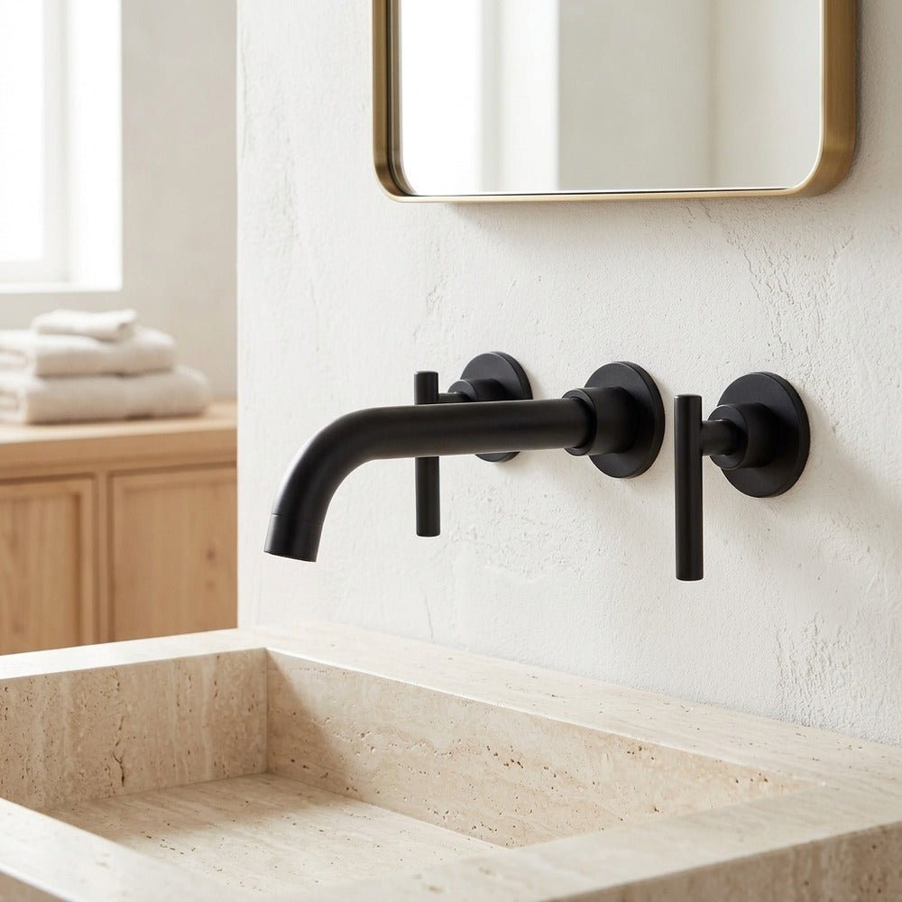 Lagomel wall-mount bathroom faucet in matte black, chrome, set in a Modern/Minimalist/Contemporary bathroom