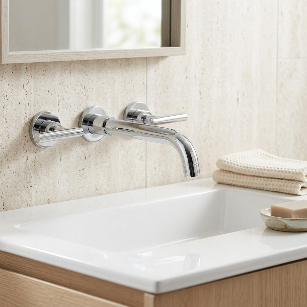Lagomel wall-mount bathroom faucet, set in a Modern/Minimalist bathroom