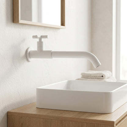 Lagomel wall-mount bathroom faucet in matte black, chrome, matte white, antique brass, polished gold, set in a Modern/Minimalist bathroom