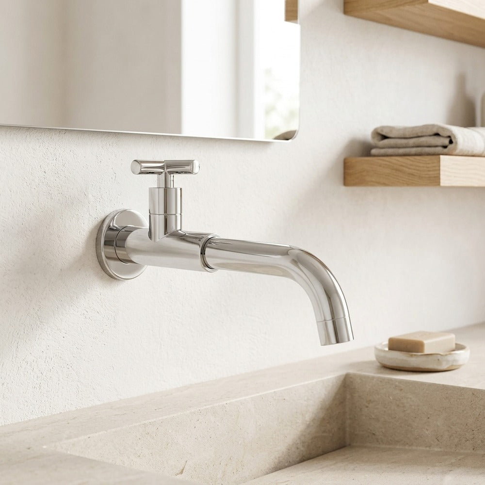 Lagomel wall-mount bathroom faucet, set in a Modern/Minimalist bathroom