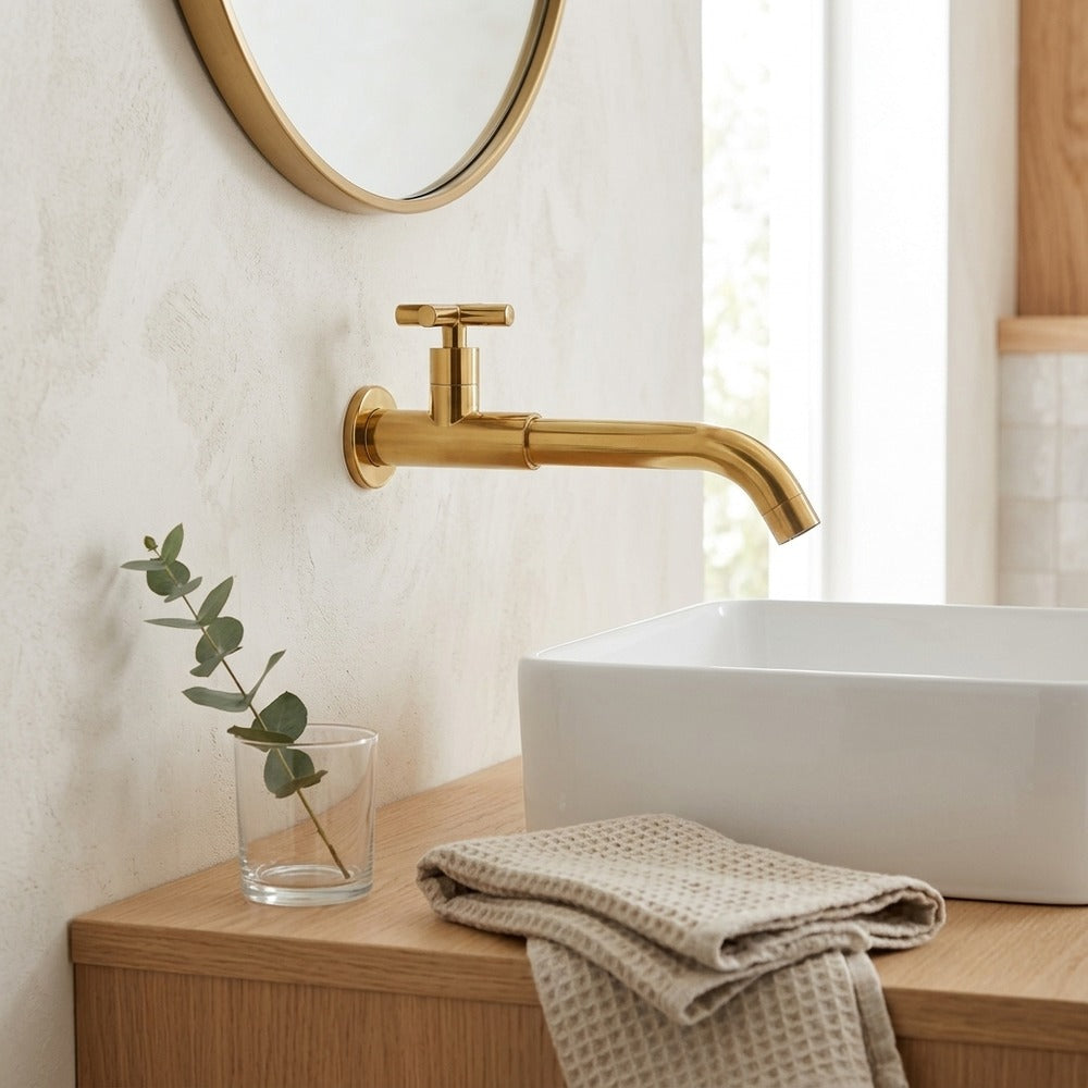 Lagomel wall-mount bathroom faucet, set in a Modern/Minimalist bathroom