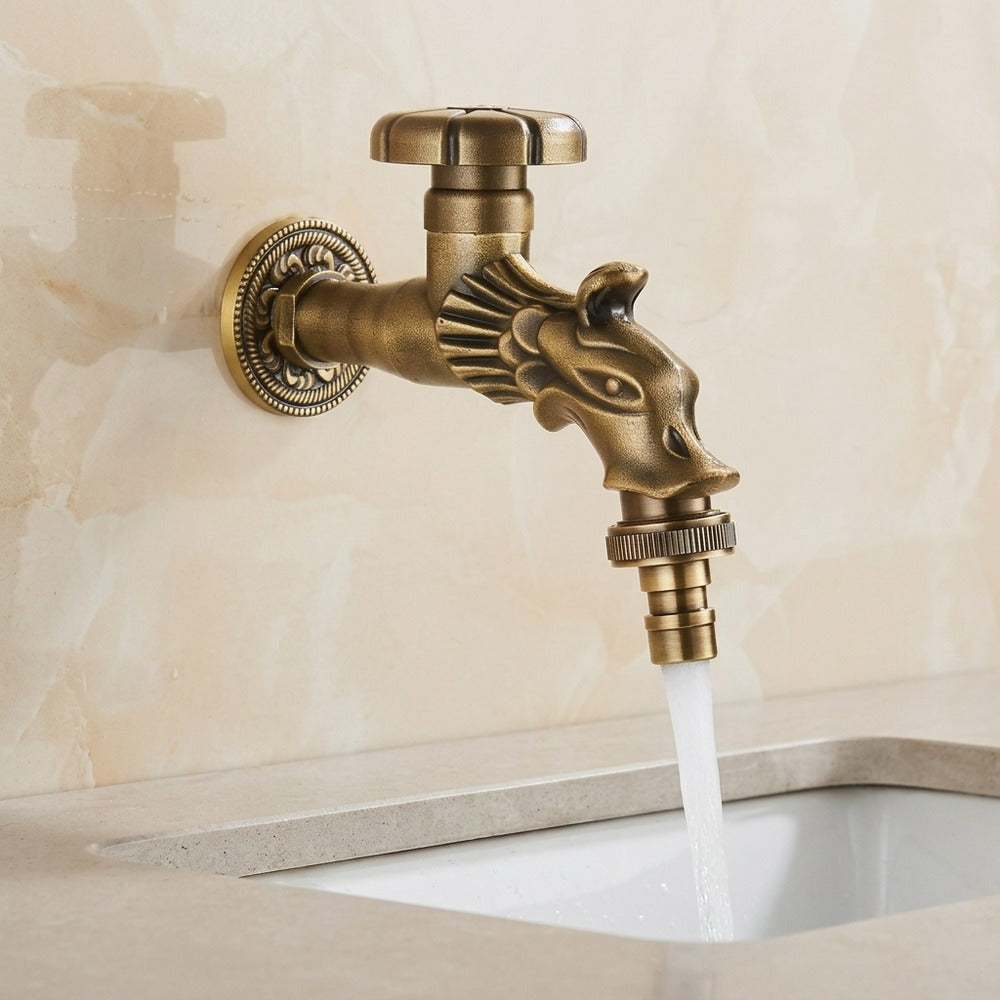 Lagomel wall-mounted single-handle washing machine faucet in antique brass, matte black, brushed gold, set in a Vintage/Retro bathroom