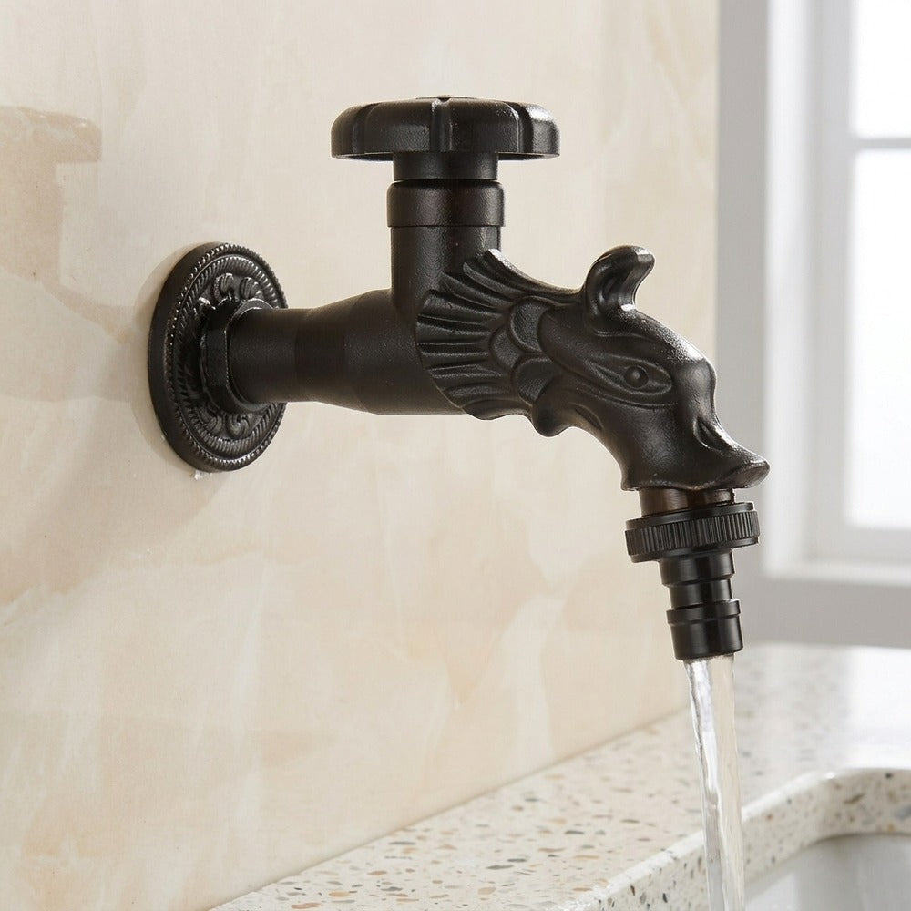 Retro Dragon Design Wall-Mount Outdoor Faucet, Single-Handle Brass Faucet, Antique Brass / Matte Black / Brushed Gold