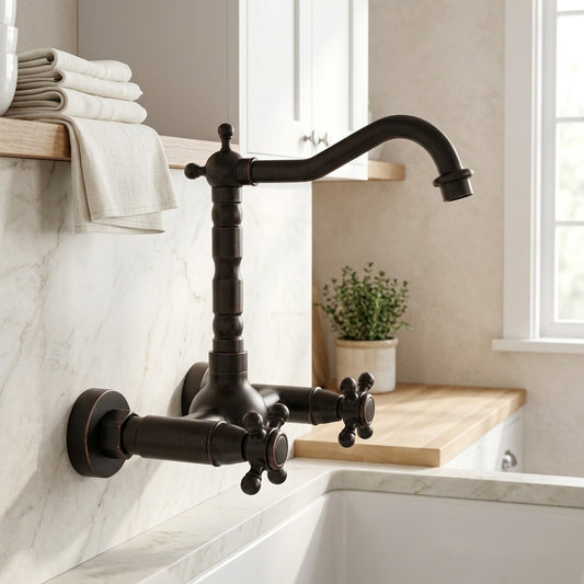 Lagomel wall-mount kitchen faucet in oil-rubbed bronze, set in a Traditional/Classic kitchen