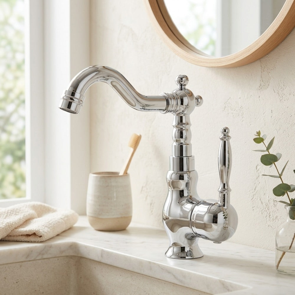 Lagomel single-hole bathroom faucet in antique brass, chrome, polished gold, set in a Vintage/Retro/Traditional/Classic bathroom